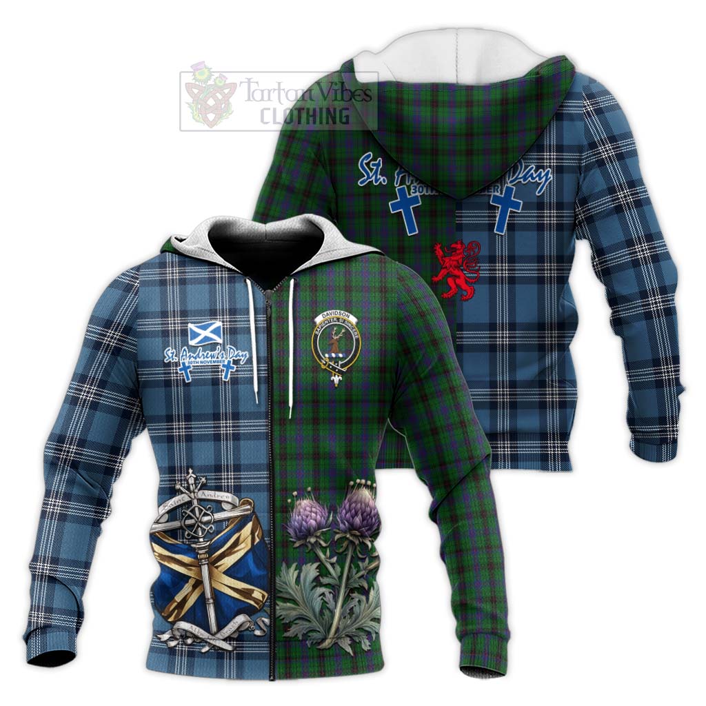 Tartan Vibes Clothing Davidson Tartan Knitted Hoodie Happy St. Andrew's Day Half Tartan Style