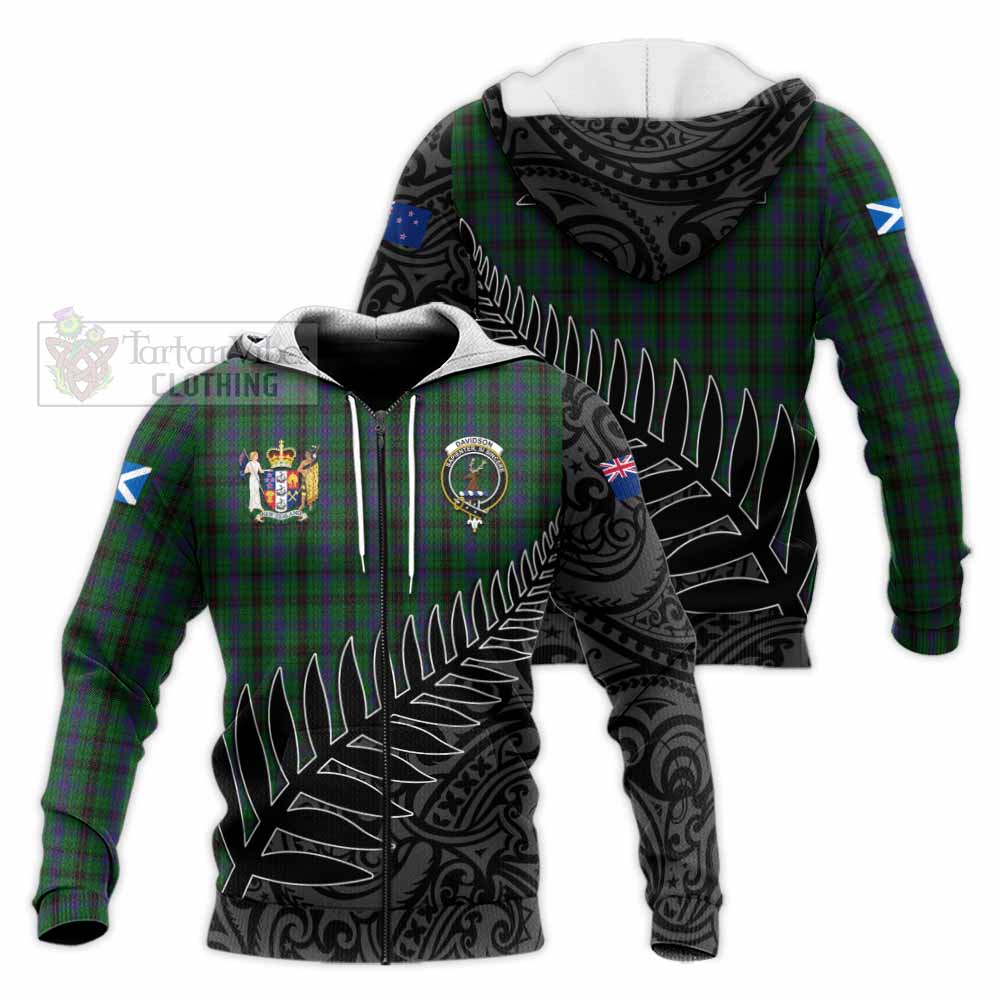 Tartan Vibes Clothing Davidson Crest Tartan Knitted Hoodie with New Zealand Silver Fern Half Style