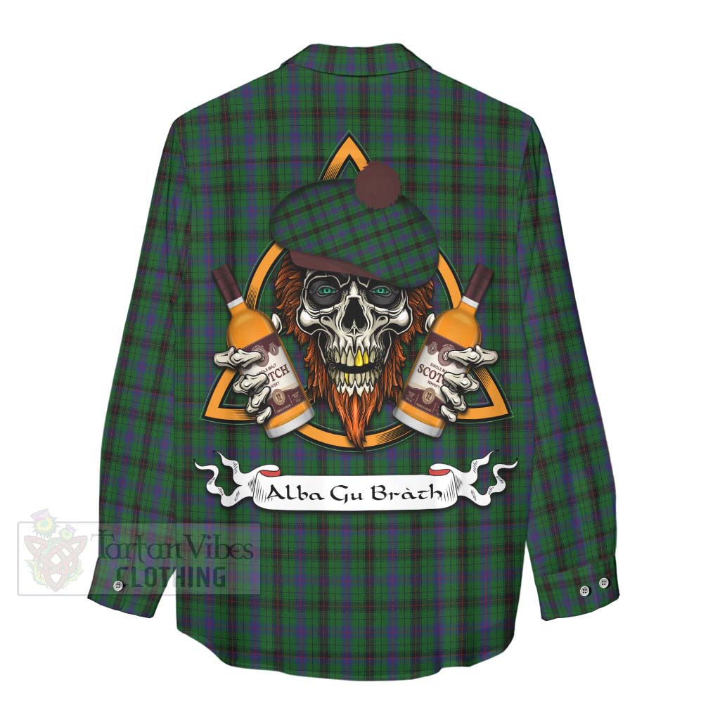 Tartan Vibes Clothing Davidson Tartan Women's Casual Shirt with Family Crest and Bearded Skull Holding Bottles of Whiskey