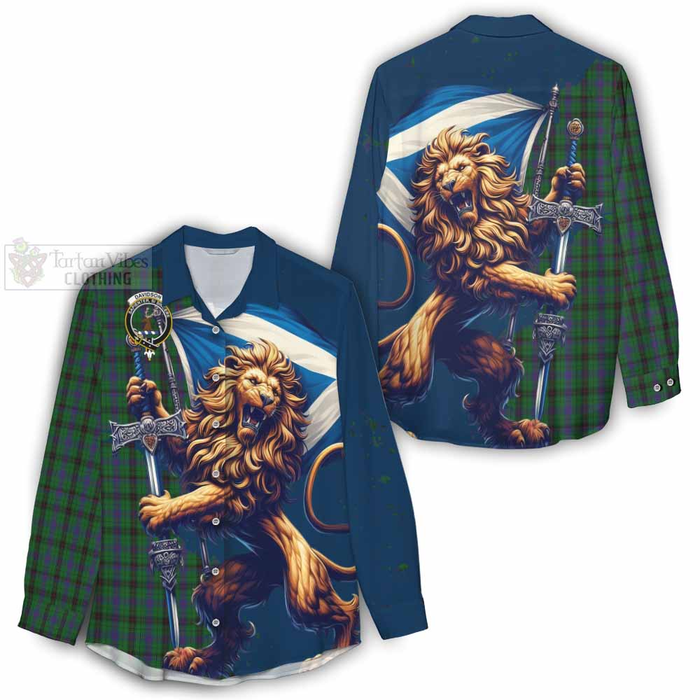 Tartan Vibes Clothing Davidson Tartan Family Crest Women's Casual Shirt with Scottish Majestic Lion