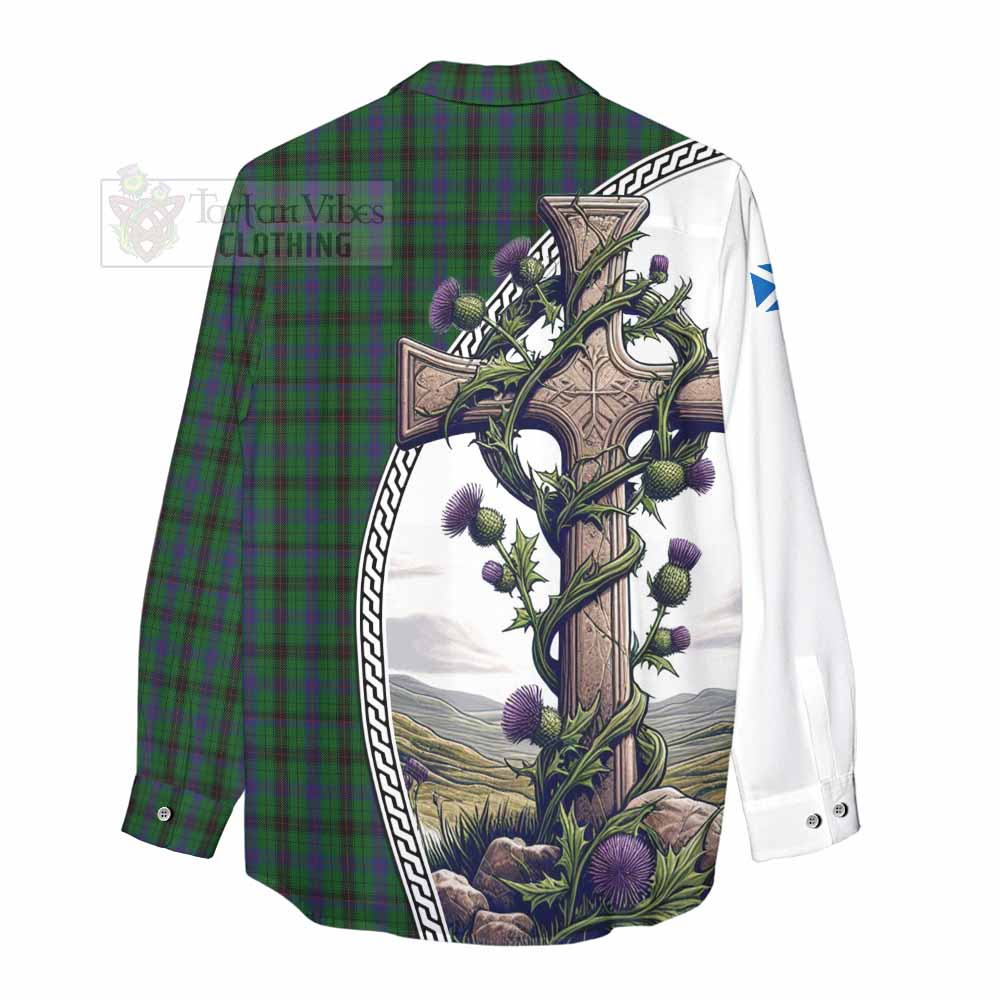 Tartan Vibes Clothing Davidson Tartan Women's Casual Shirt with Family Crest and St. Andrew's Cross Accented by Thistle Vines