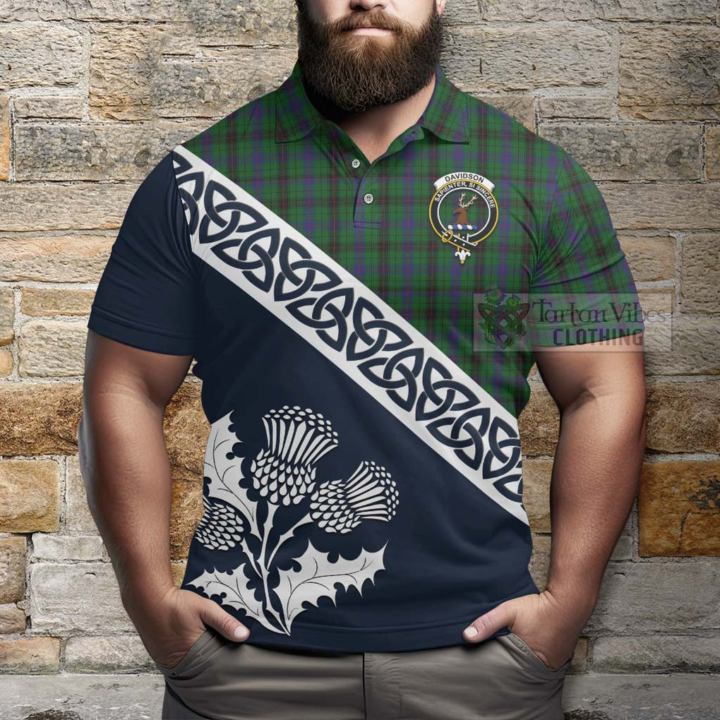 Davidson Tartan Polo Shirt Featuring Thistle and Scotland Map