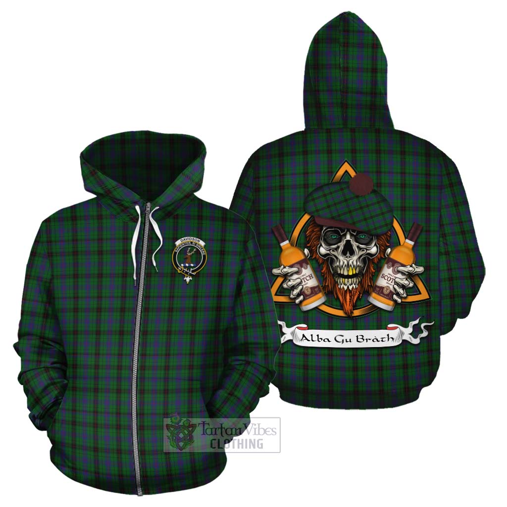 Tartan Vibes Clothing Davidson Tartan Cotton Hoodie with Family Crest and Bearded Skull Holding Bottles of Whiskey