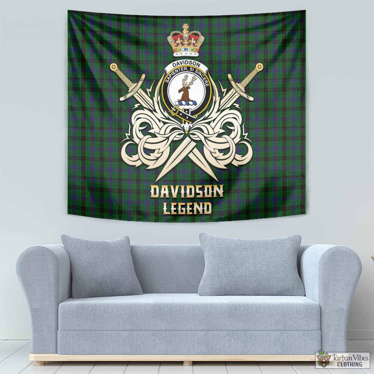 Tartan Vibes Clothing Davidson Tartan Tapestry with Clan Crest and the Golden Sword of Courageous Legacy