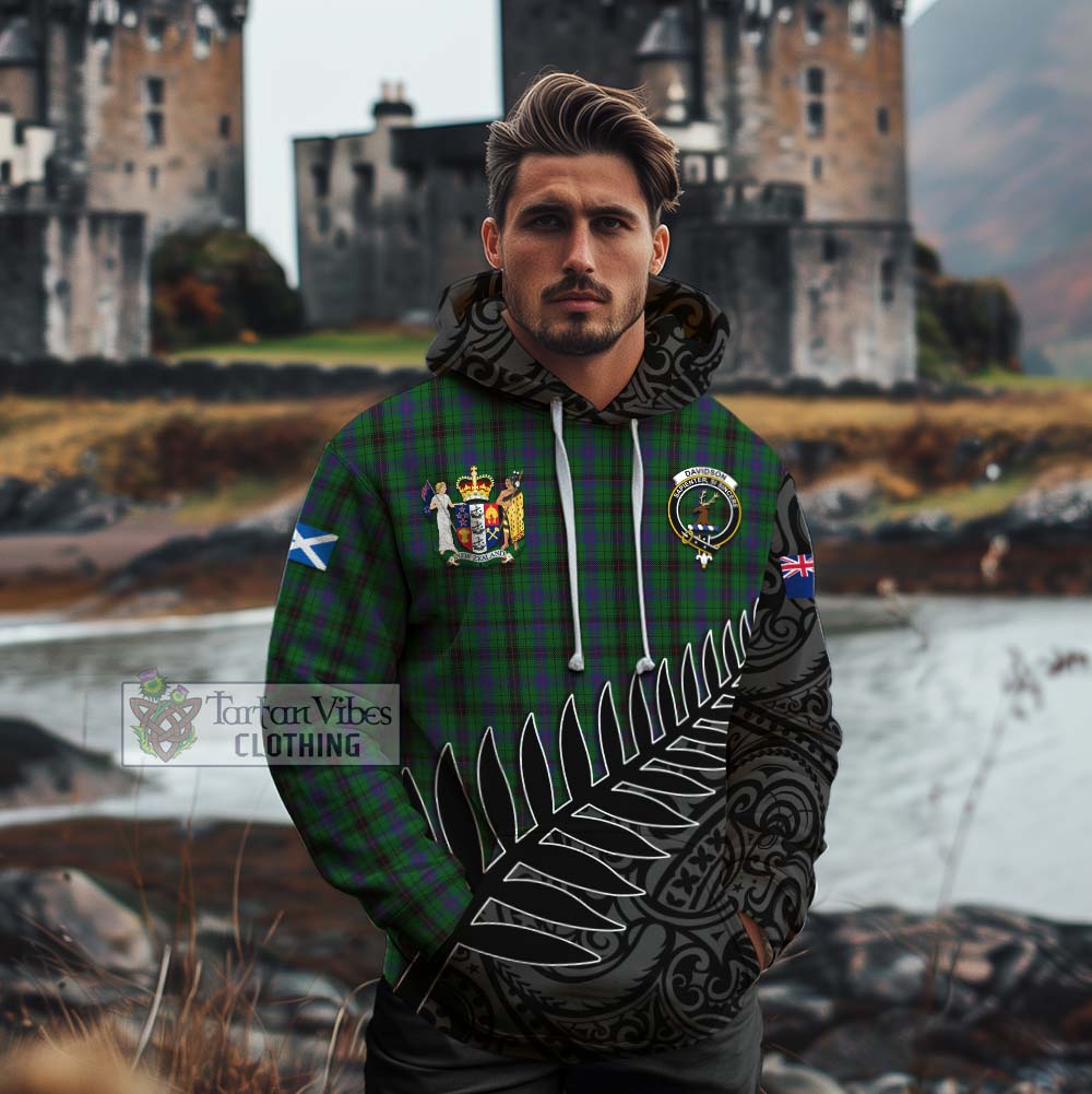 Tartan Vibes Clothing Davidson Crest Tartan Cotton Hoodie with New Zealand Silver Fern Half Style