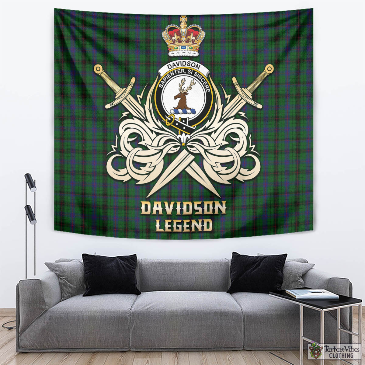 Tartan Vibes Clothing Davidson Tartan Tapestry with Clan Crest and the Golden Sword of Courageous Legacy