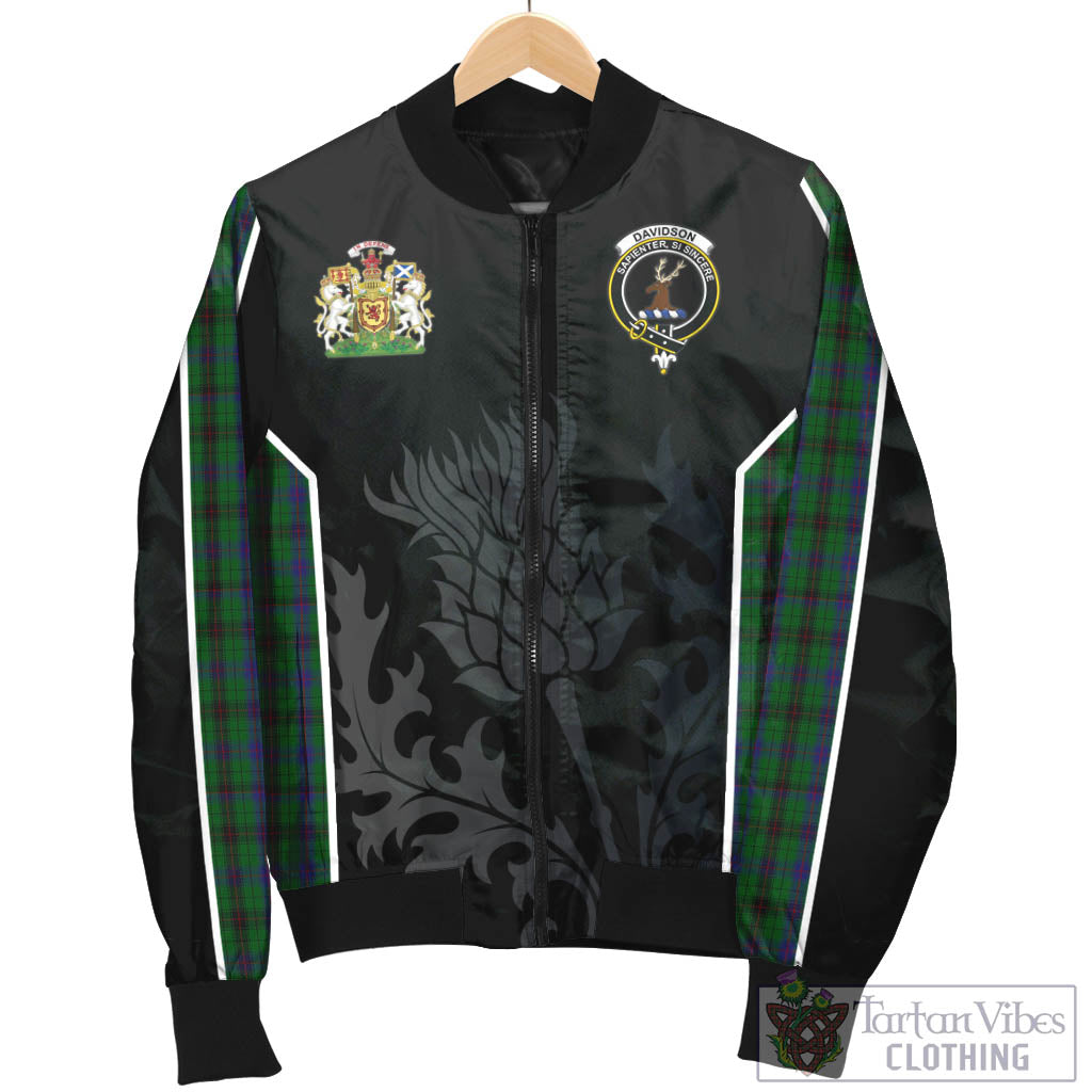 Tartan Vibes Clothing Davidson Tartan Bomber Jacket with Family Crest and Scottish Thistle Vibes Sport Style