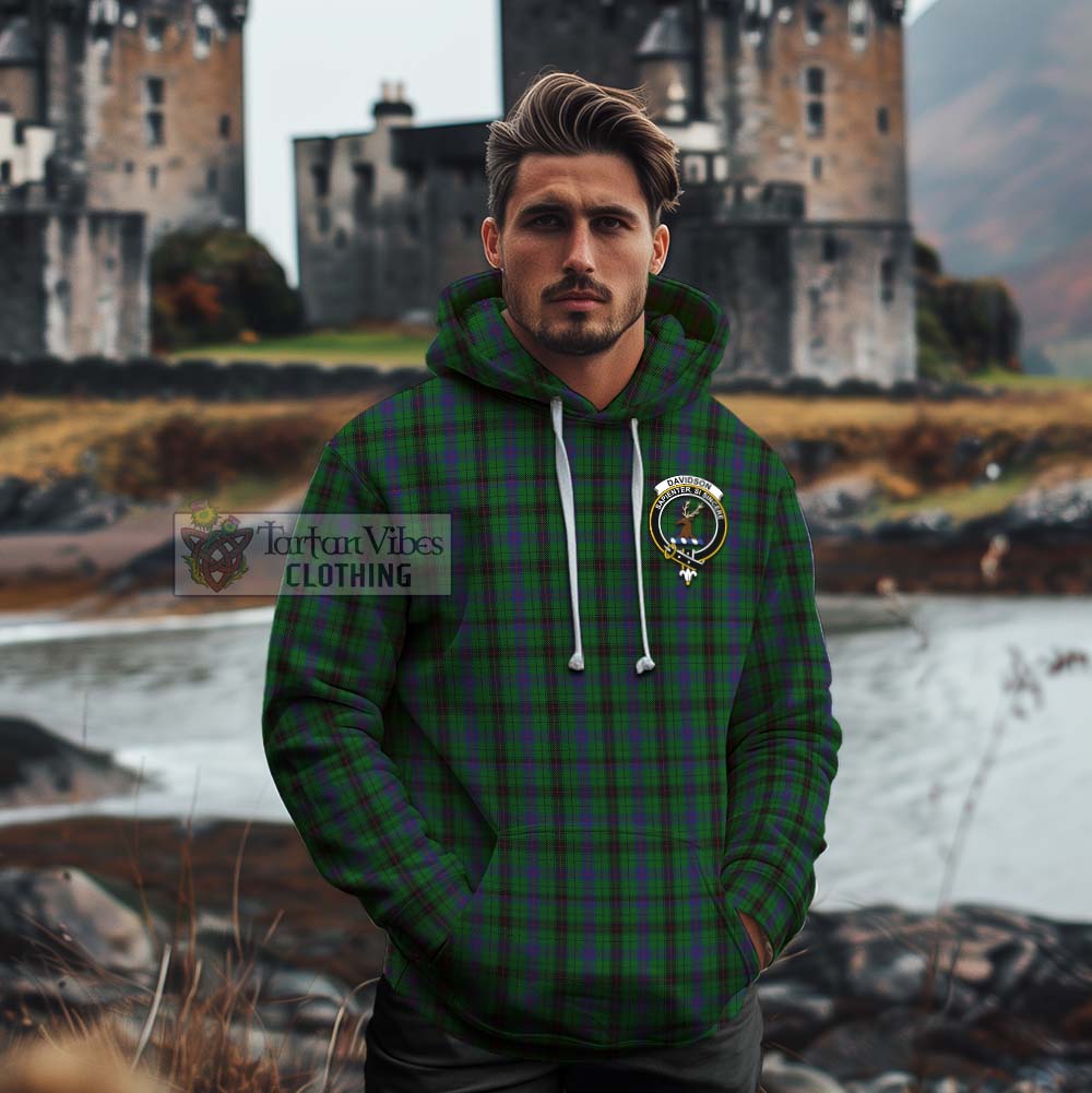 Tartan Vibes Clothing Davidson Tartan Cotton Hoodie with Family Crest Celtic Skull Style