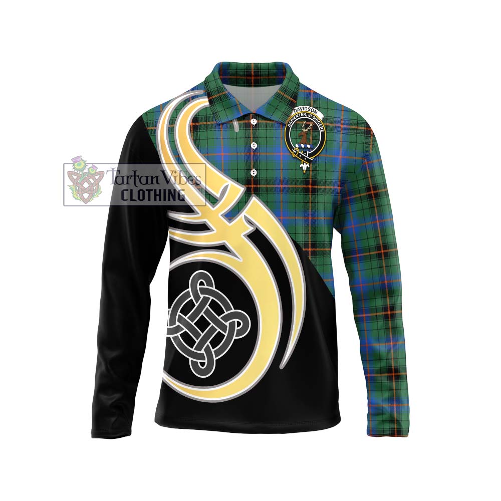 Davidson Ancient Tartan Long Sleeve Polo Shirt with Family Crest and Celtic Symbol Style Unisex - Tartan Vibes Clothing