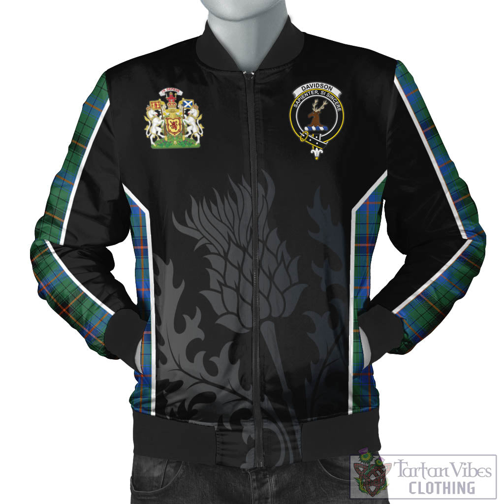 Tartan Vibes Clothing Davidson Ancient Tartan Bomber Jacket with Family Crest and Scottish Thistle Vibes Sport Style