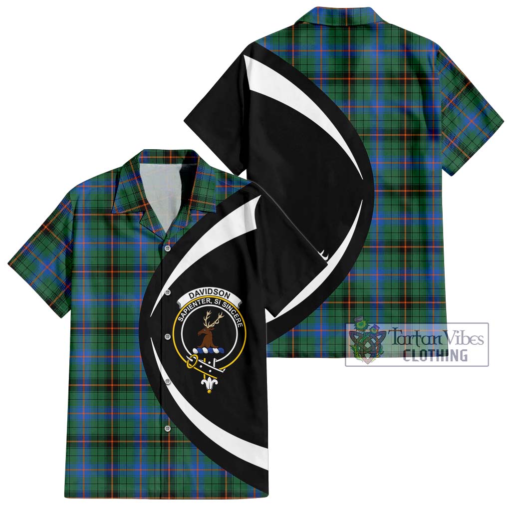 Davidson Ancient Tartan Short Sleeve Button Up with Family Crest Circle Style Kid - Tartan Vibes Clothing