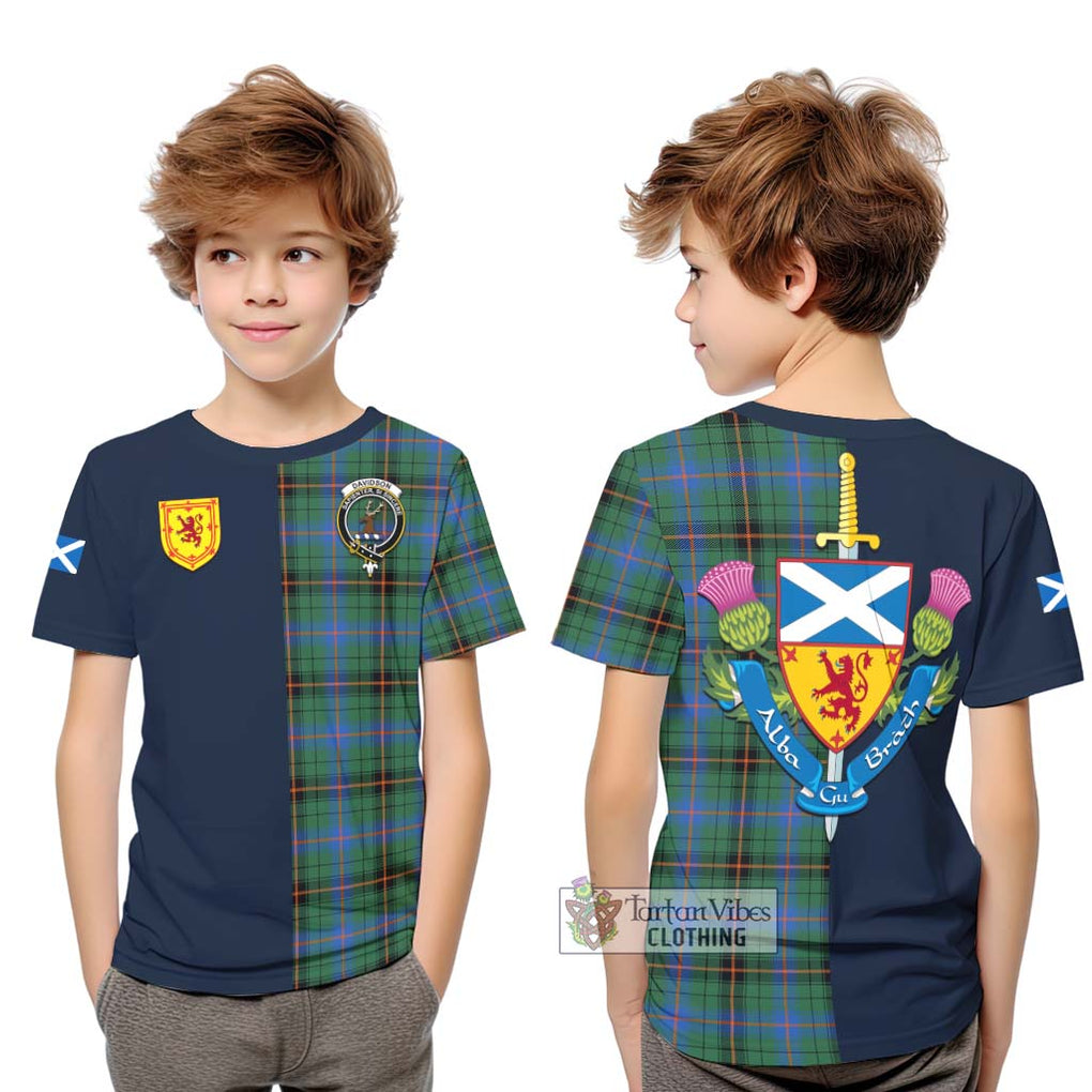 Tartan Vibes Clothing Davidson Ancient Tartan Kid T-Shirt with Scottish Lion Royal Arm Half Style