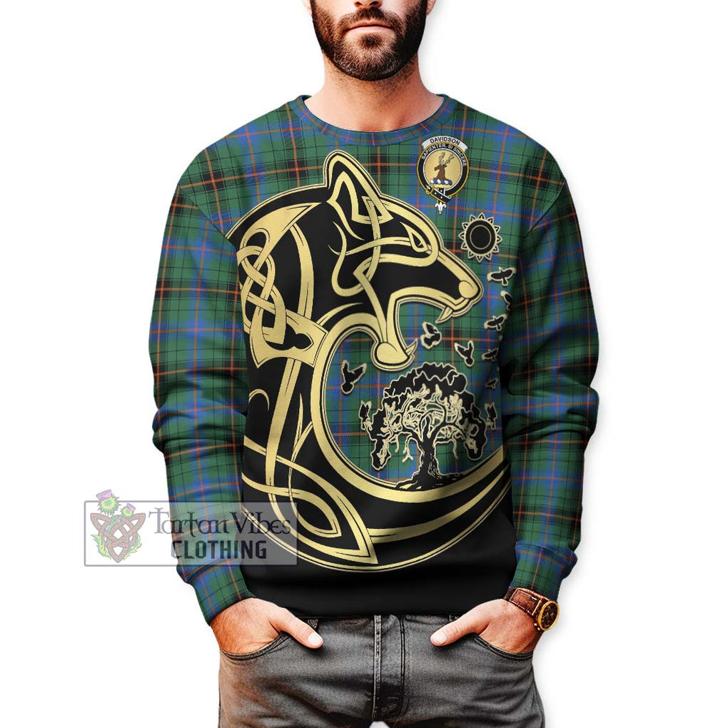 Davidson Ancient Tartan Sweatshirt with Family Crest Celtic Wolf Style Unisex - Tartan Vibes Clothing