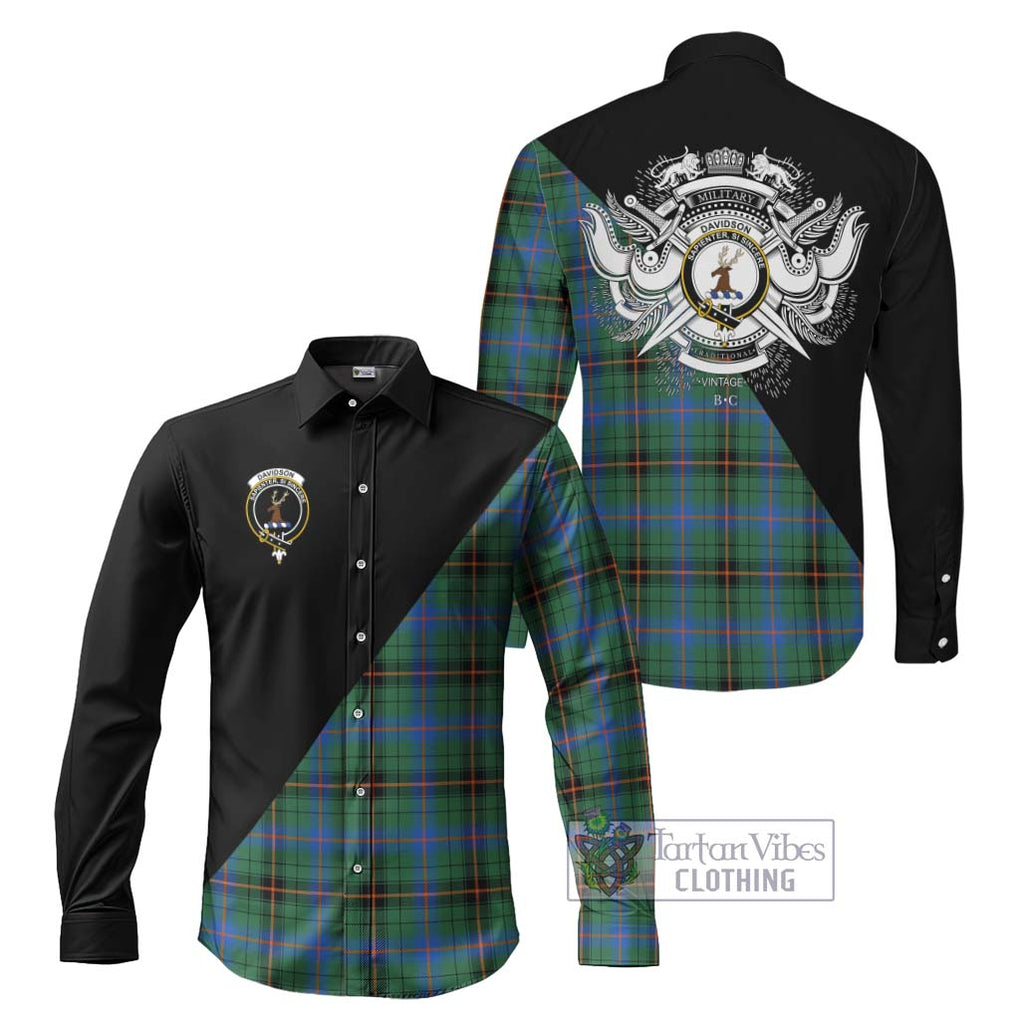 Davidson Ancient Tartan Long Sleeve Button Shirt with Family Crest and Military Logo Style Men's Shirt S - Tartanvibesclothing Shop