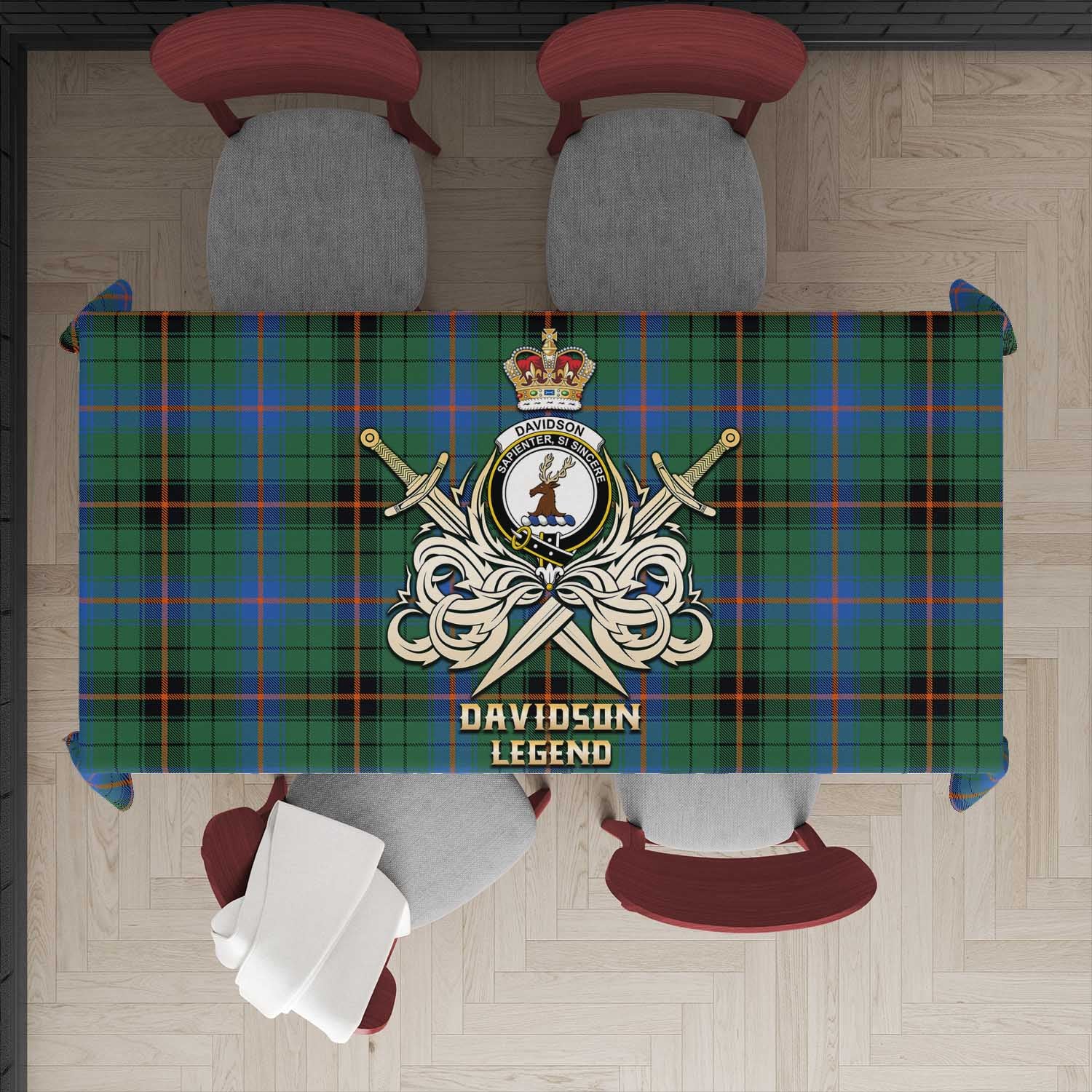 Tartan Vibes Clothing Davidson Ancient Tartan Tablecloth with Clan Crest and the Golden Sword of Courageous Legacy