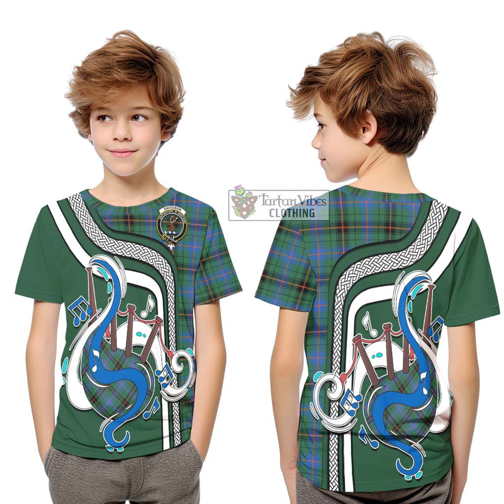 Tartan Vibes Clothing Davidson Ancient Tartan Kid T-Shirt with Epic Bagpipe Style