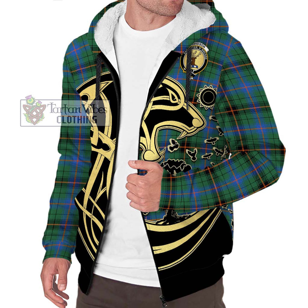 Davidson Ancient Tartan Sherpa Hoodie with Family Crest Celtic Wolf Style Unisex S - Tartan Vibes Clothing