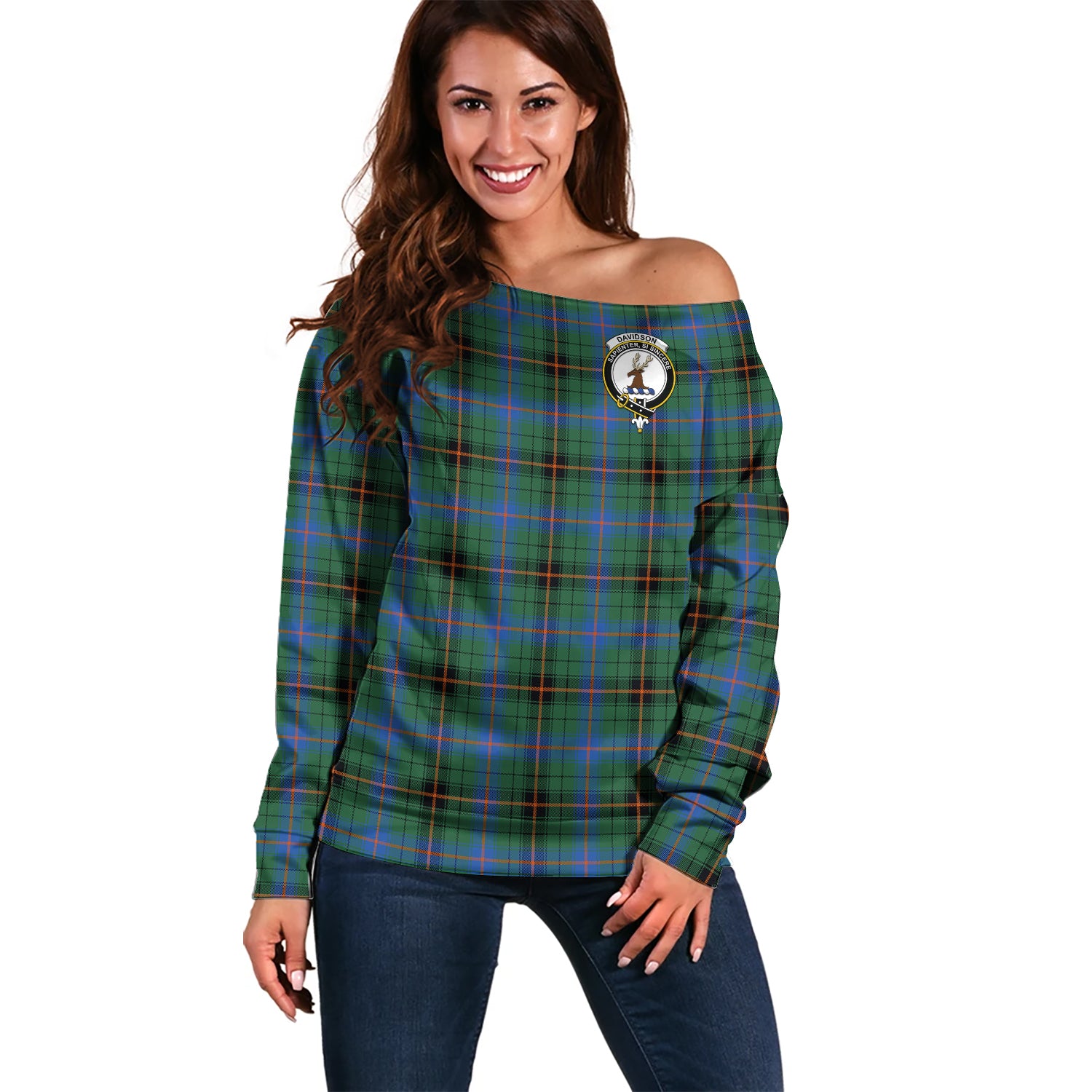 Davidson Ancient Tartan Off Shoulder Women Sweater with Family Crest Women - Tartanvibesclothing