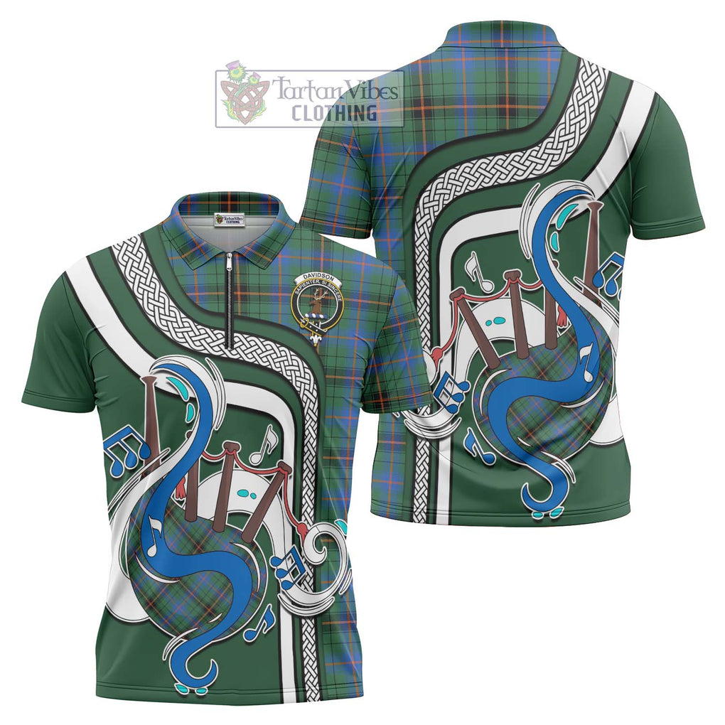 Davidson Ancient Tartan Zipper Polo Shirt with Epic Bagpipe Style Unisex - Tartanvibesclothing Shop