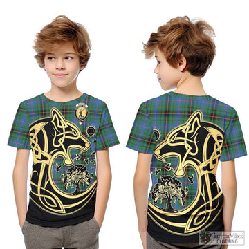 Davidson Ancient Tartan Kid T-Shirt with Family Crest Celtic Wolf Style