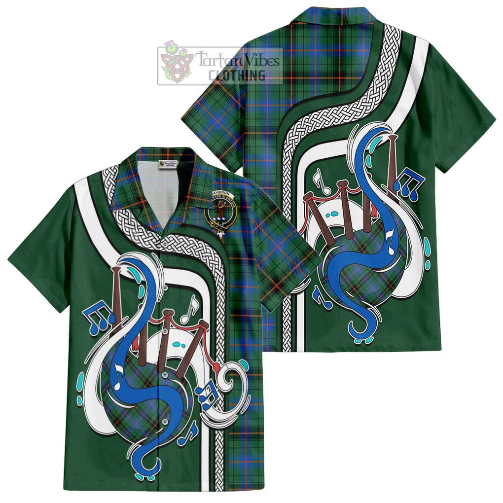 Davidson Ancient Tartan Short Sleeve Button Shirt with Epic Bagpipe Style Kid - Tartanvibesclothing Shop