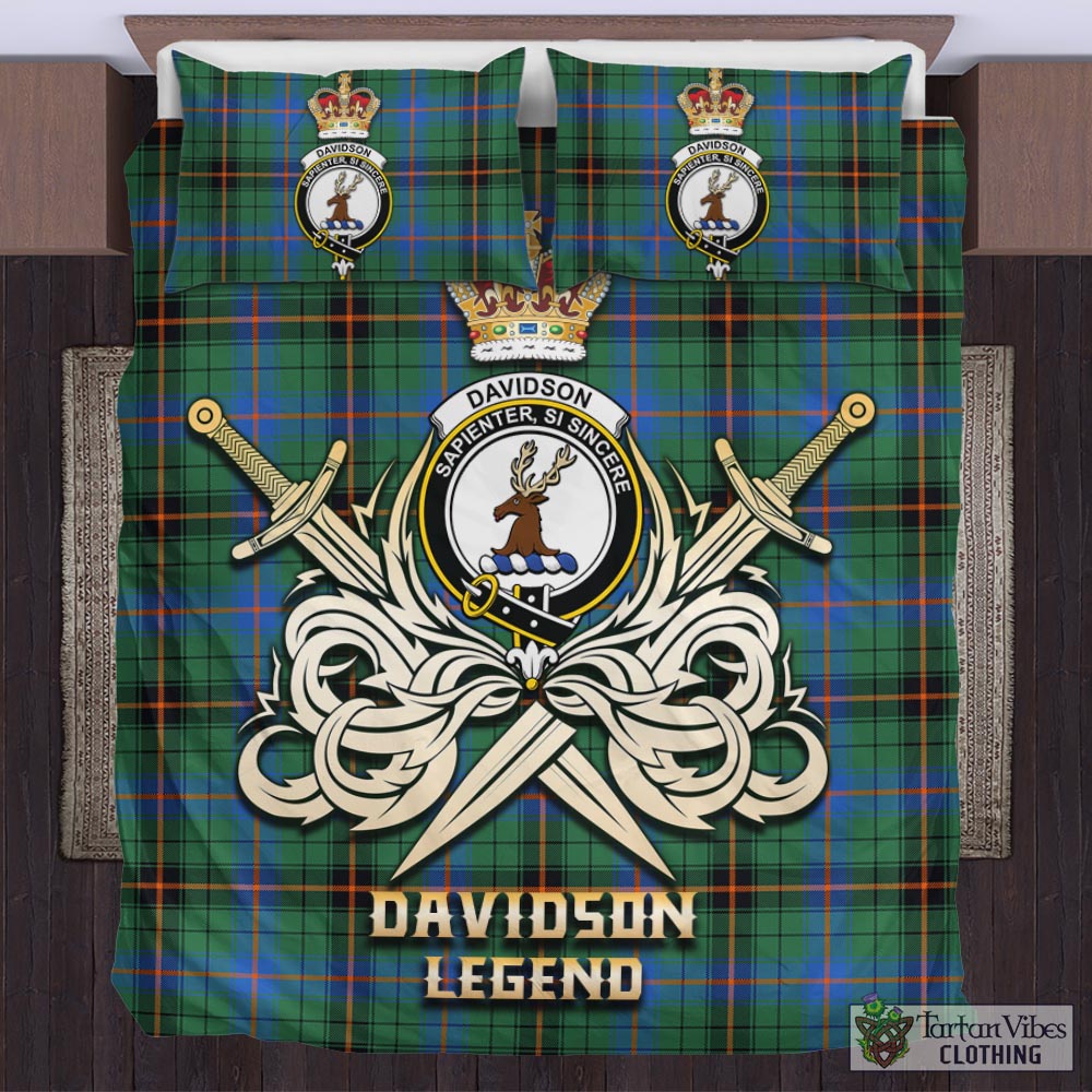 Tartan Vibes Clothing Davidson Ancient Tartan Bedding Set with Clan Crest and the Golden Sword of Courageous Legacy