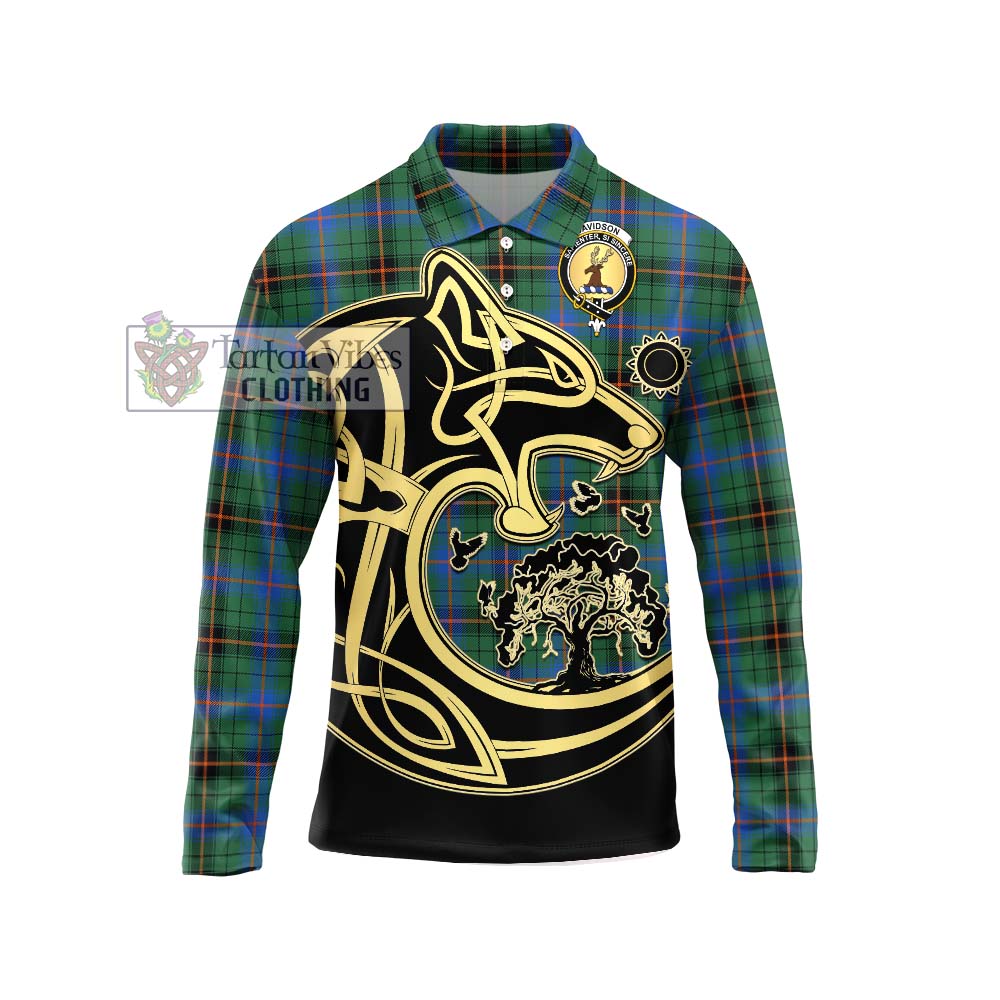 Davidson Ancient Tartan Long Sleeve Polo Shirt with Family Crest Celtic Wolf Style Unisex - Tartanvibesclothing Shop