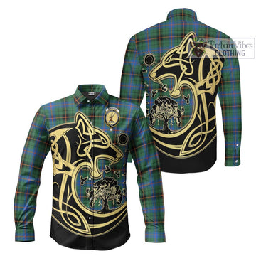 Davidson Ancient Tartan Long Sleeve Button Shirt with Family Crest Celtic Wolf Style