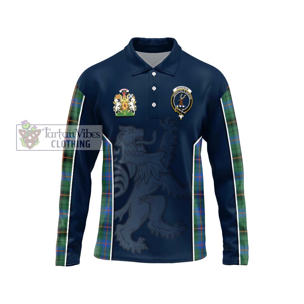 Davidson Ancient Tartan Long Sleeve Polo Shirt with Family Crest and Lion Rampant Vibes Sport Style Unisex - Tartan Vibes Clothing