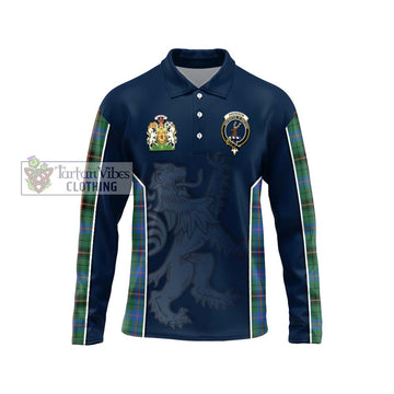 Davidson Ancient Tartan Long Sleeve Polo Shirt with Family Crest and Lion Rampant Vibes Sport Style