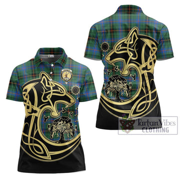 Davidson Ancient Tartan Women's Polo Shirt with Family Crest Celtic Wolf Style