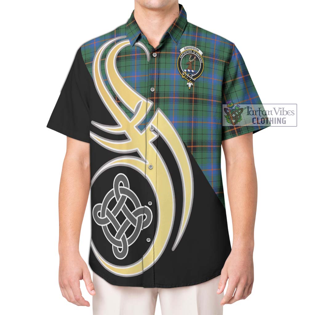 Davidson Ancient Tartan Short Sleeve Button Shirt with Family Crest and Celtic Symbol Style Kid - Tartan Vibes Clothing