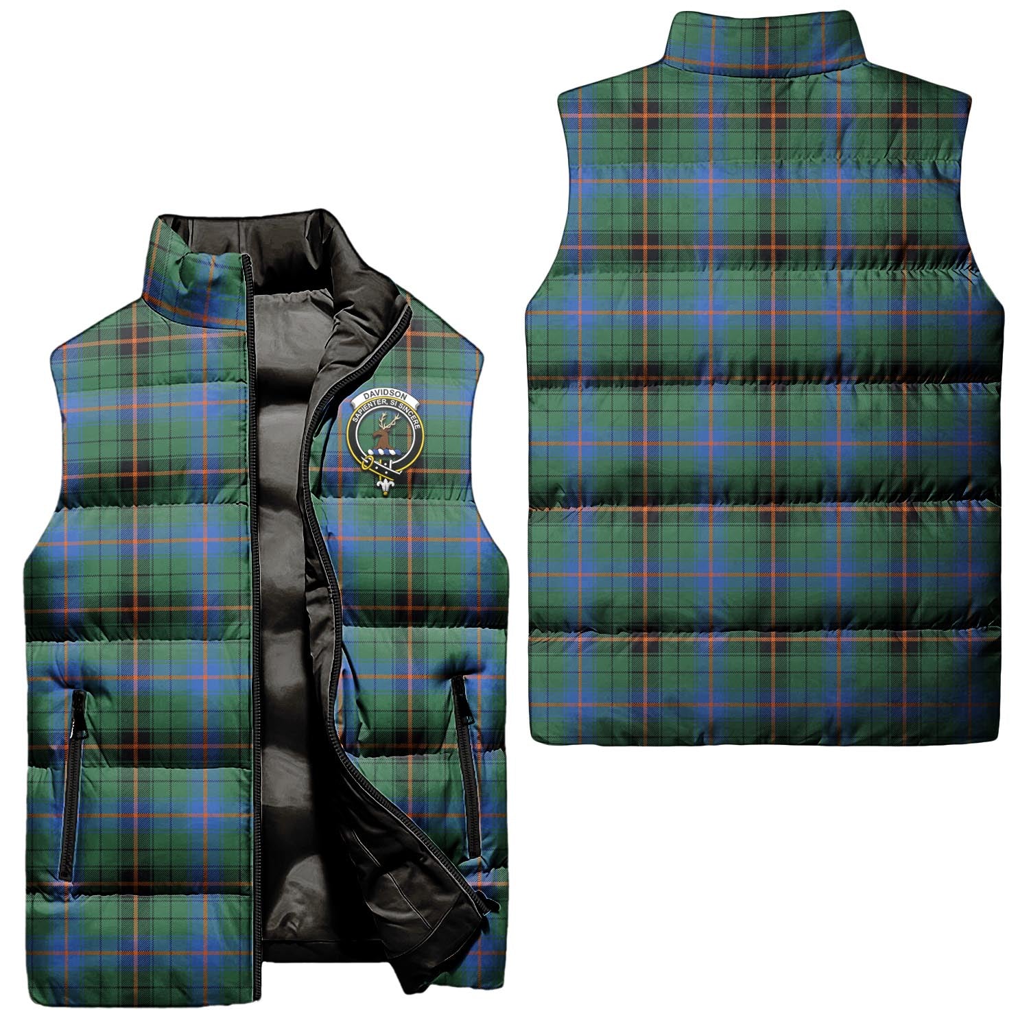 Davidson Ancient Tartan Sleeveless Puffer Jacket with Family Crest Unisex - Tartanvibesclothing