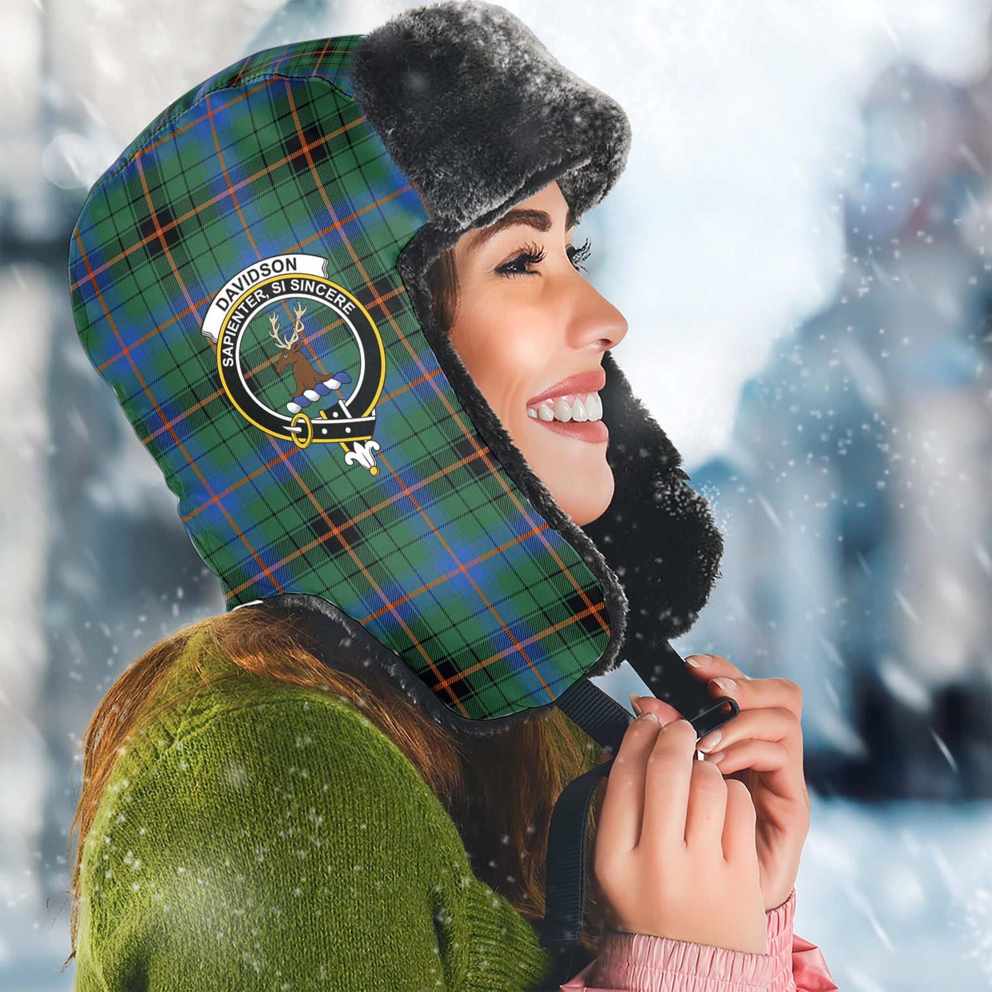 Davidson Ancient Tartan Winter Trapper Hat with Family Crest Winter Trapper Hat Universal Fit Circumference 22.8in (58cm) - Tartanvibesclothing