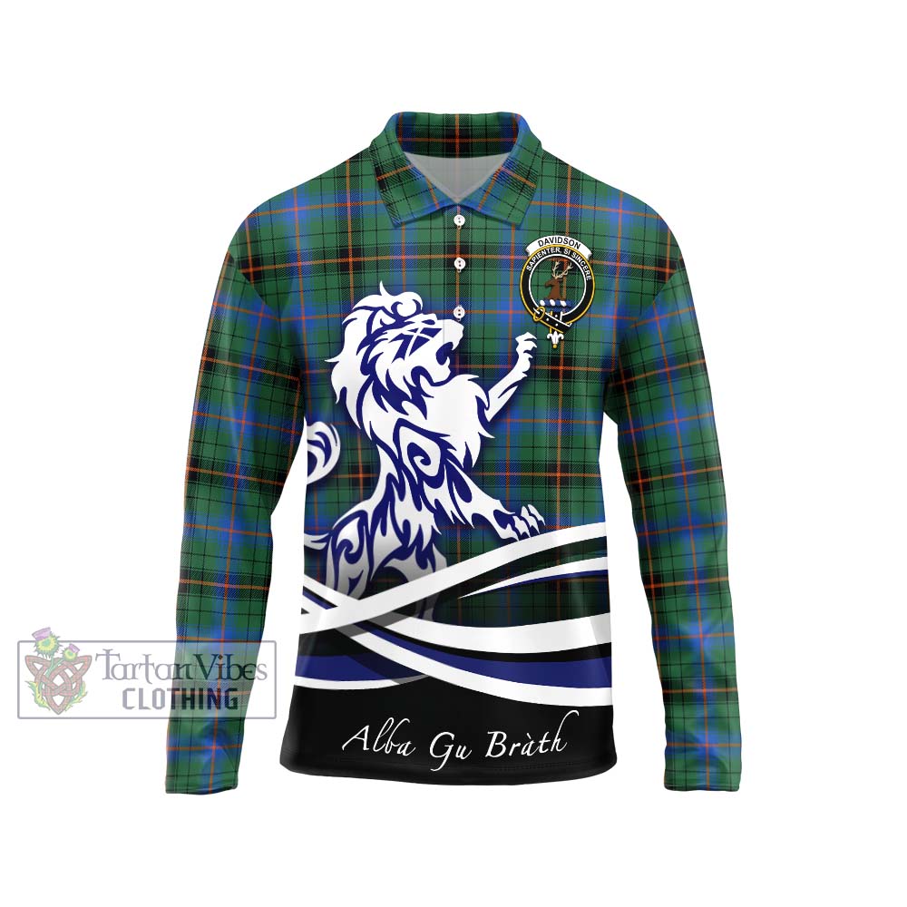 Davidson Ancient Tartan Long Sleeve Polo Shirt with Alba Gu Brath Regal Lion Emblem Unisex - Tartanvibesclothing Shop