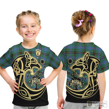 Davidson Ancient Tartan Kid T-Shirt with Family Crest Celtic Wolf Style