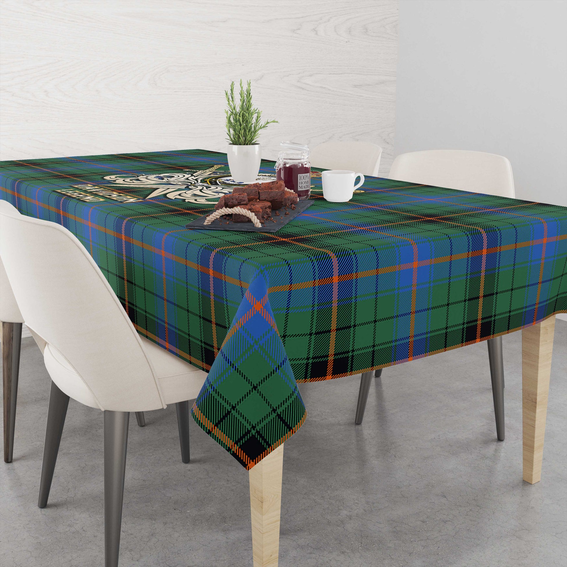 Tartan Vibes Clothing Davidson Ancient Tartan Tablecloth with Clan Crest and the Golden Sword of Courageous Legacy