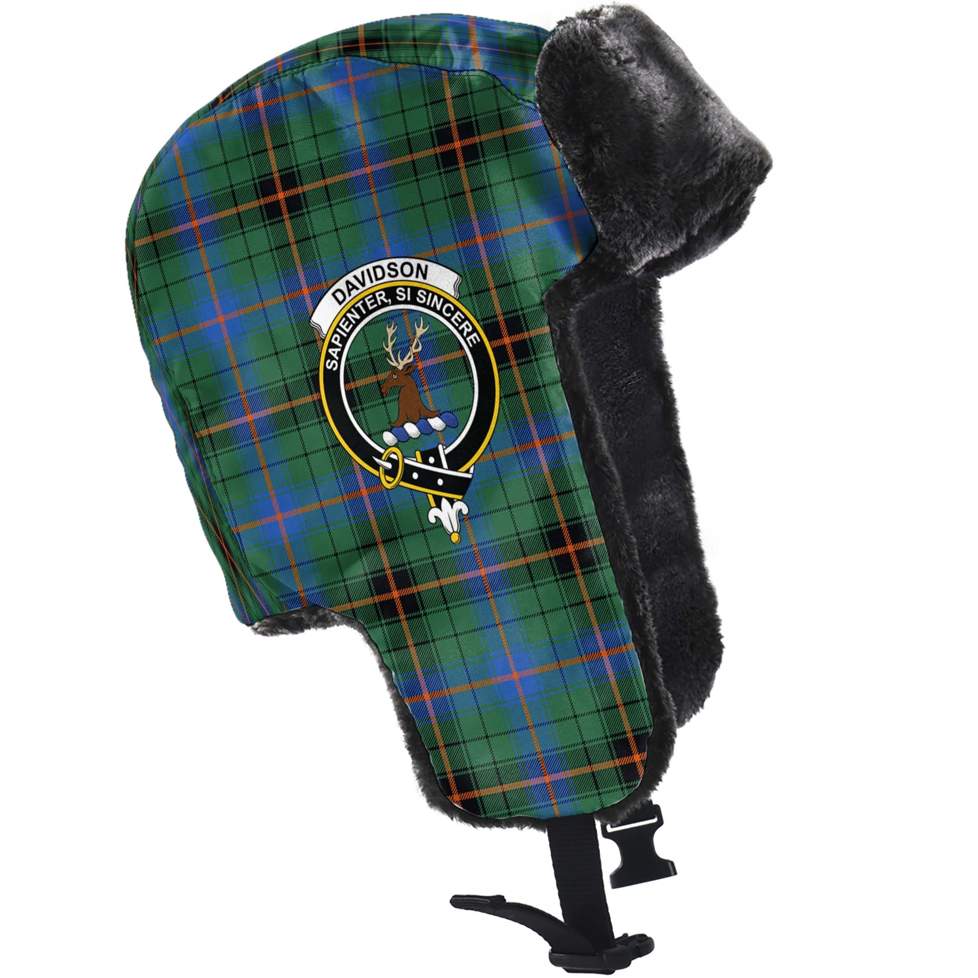 Davidson Ancient Tartan Winter Trapper Hat with Family Crest - Tartanvibesclothing