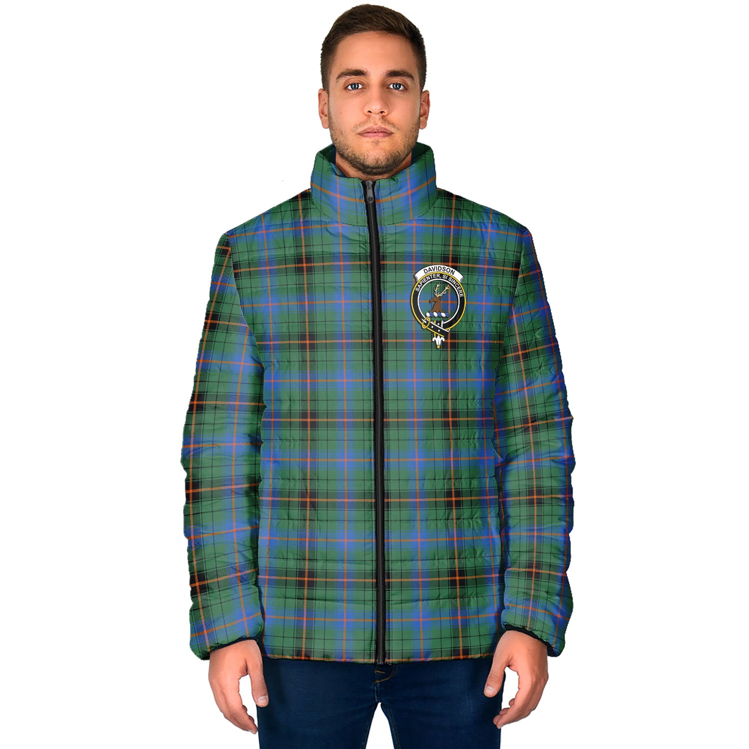 Davidson Ancient Tartan Padded Jacket with Family Crest - Tartan Vibes Clothing