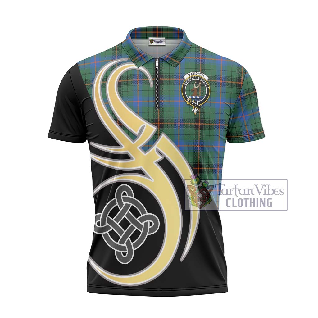 Tartan Vibes Clothing Davidson Ancient Tartan Zipper Polo Shirt with Family Crest and Celtic Symbol Style