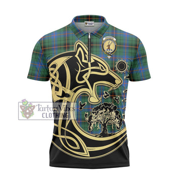 Davidson Ancient Tartan Zipper Polo Shirt with Family Crest Celtic Wolf Style