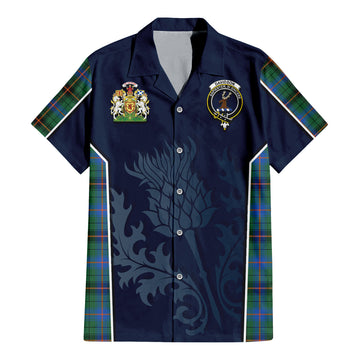 Davidson Ancient Tartan Short Sleeve Button Up Shirt with Family Crest and Scottish Thistle Vibes Sport Style