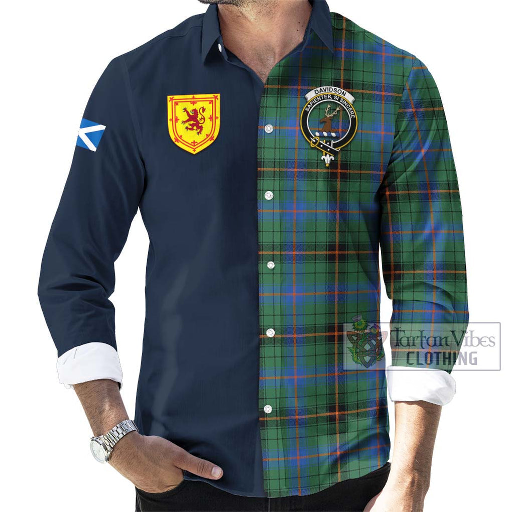 Tartan Vibes Clothing Davidson Ancient Tartan Long Sleeve Button Shirt with Scottish Lion Royal Arm Half Style