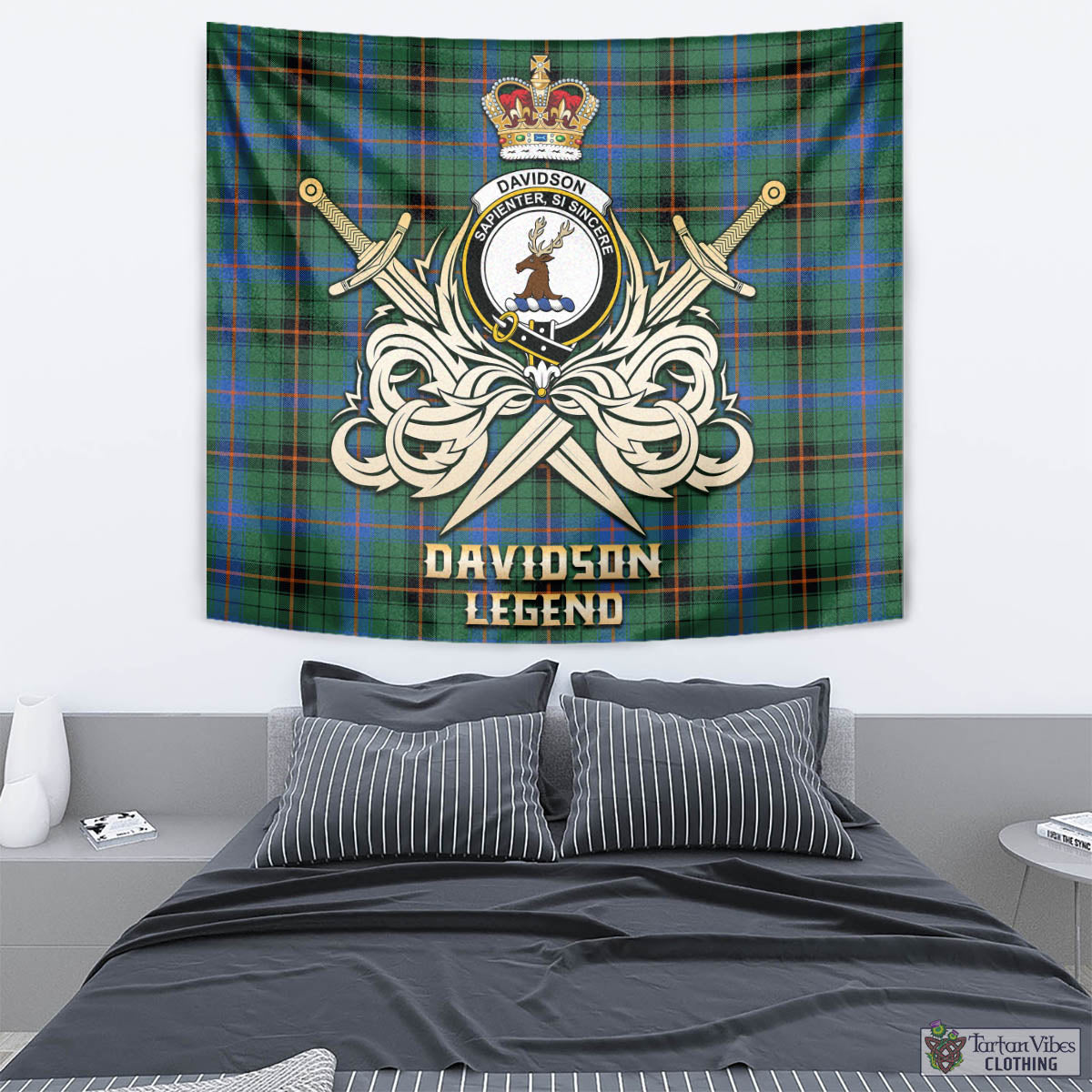 Tartan Vibes Clothing Davidson Ancient Tartan Tapestry with Clan Crest and the Golden Sword of Courageous Legacy