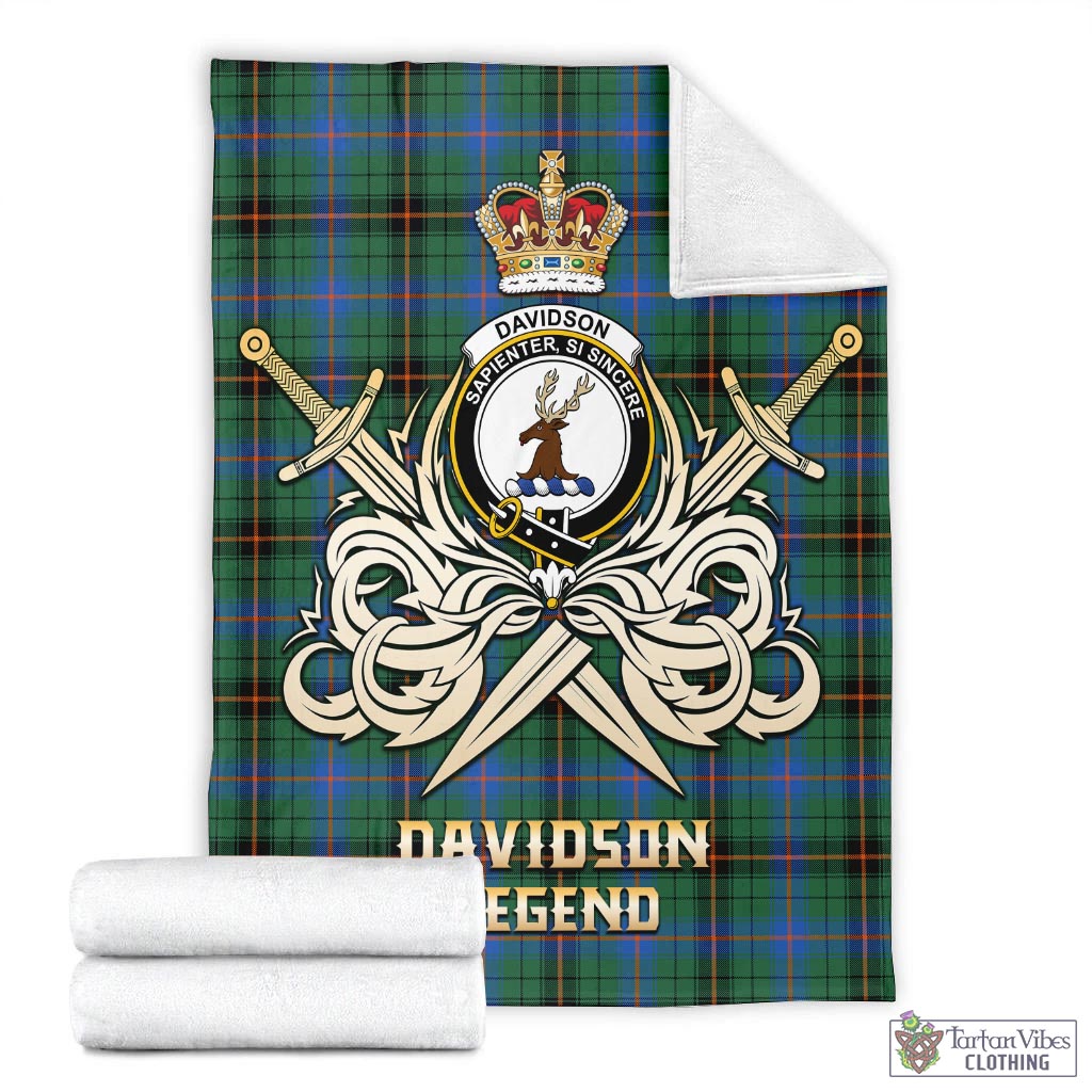 Tartan Vibes Clothing Davidson Ancient Tartan Blanket with Clan Crest and the Golden Sword of Courageous Legacy