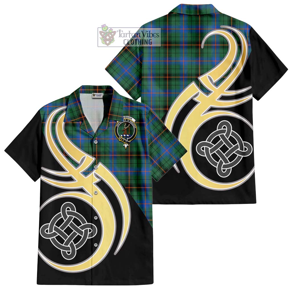 Davidson Ancient Tartan Short Sleeve Button Shirt with Family Crest and Celtic Symbol Style - Tartan Vibes Clothing