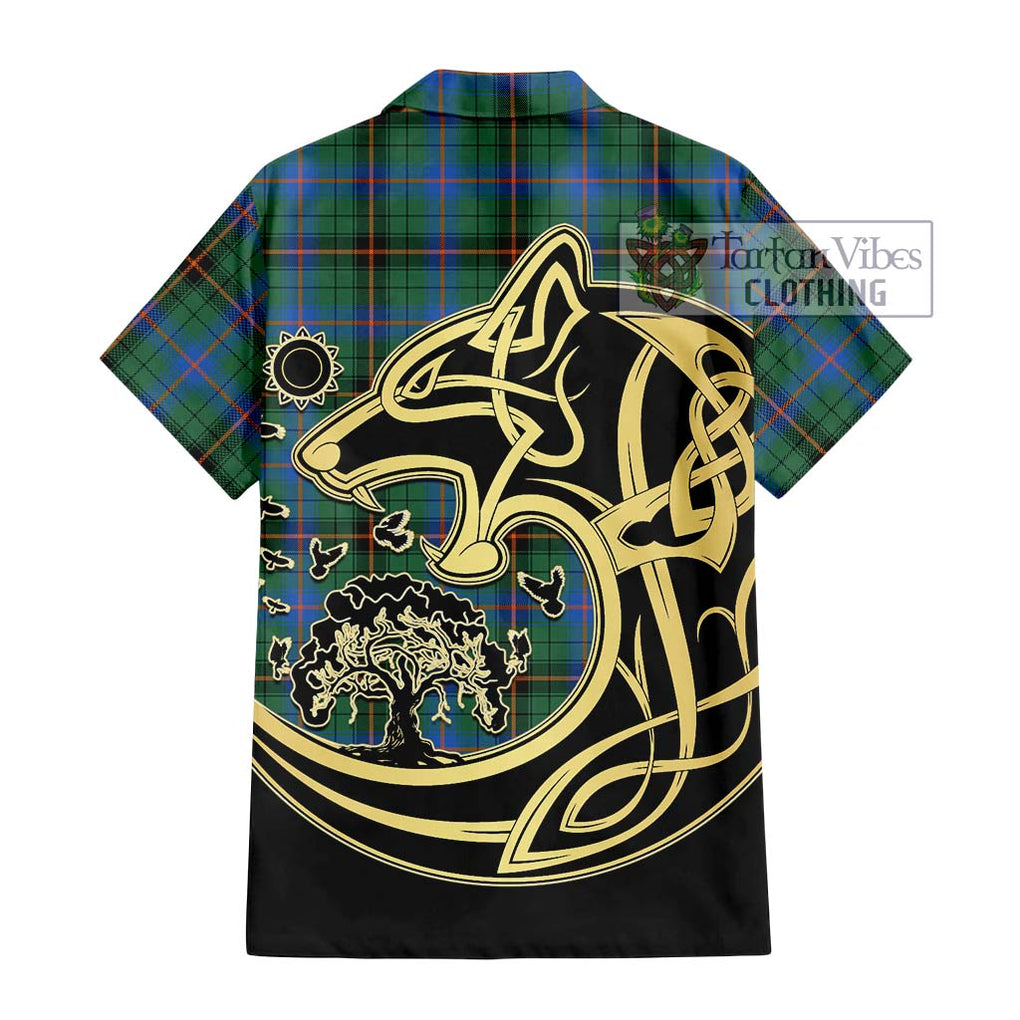 Davidson Ancient Tartan Short Sleeve Button Shirt with Family Crest Celtic Wolf Style - Tartan Vibes Clothing