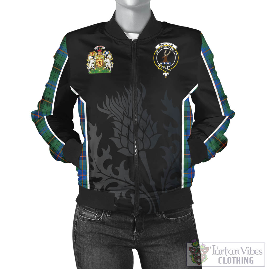 Tartan Vibes Clothing Davidson Ancient Tartan Bomber Jacket with Family Crest and Scottish Thistle Vibes Sport Style