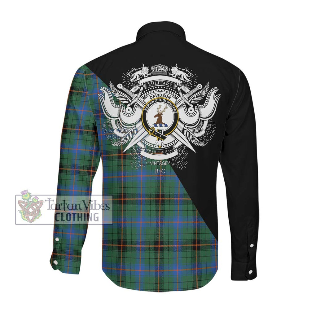 Davidson Ancient Tartan Long Sleeve Button Shirt with Family Crest and Military Logo Style Men's Shirt - Tartanvibesclothing Shop