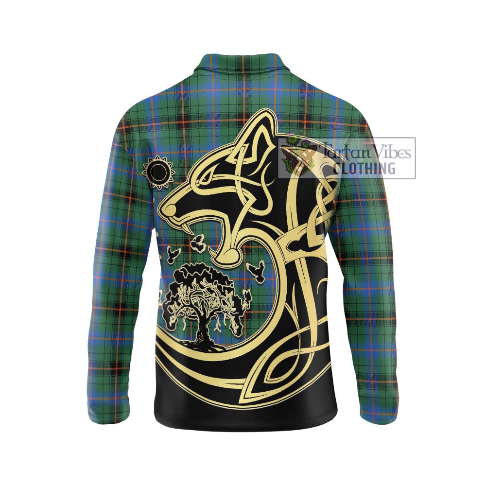 Davidson Ancient Tartan Long Sleeve Polo Shirt with Family Crest Celtic Wolf Style - Tartanvibesclothing Shop